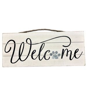 Rustic Dog Paw Welcome Sign White & Black Wooden Antique Look 18”x7.5”
